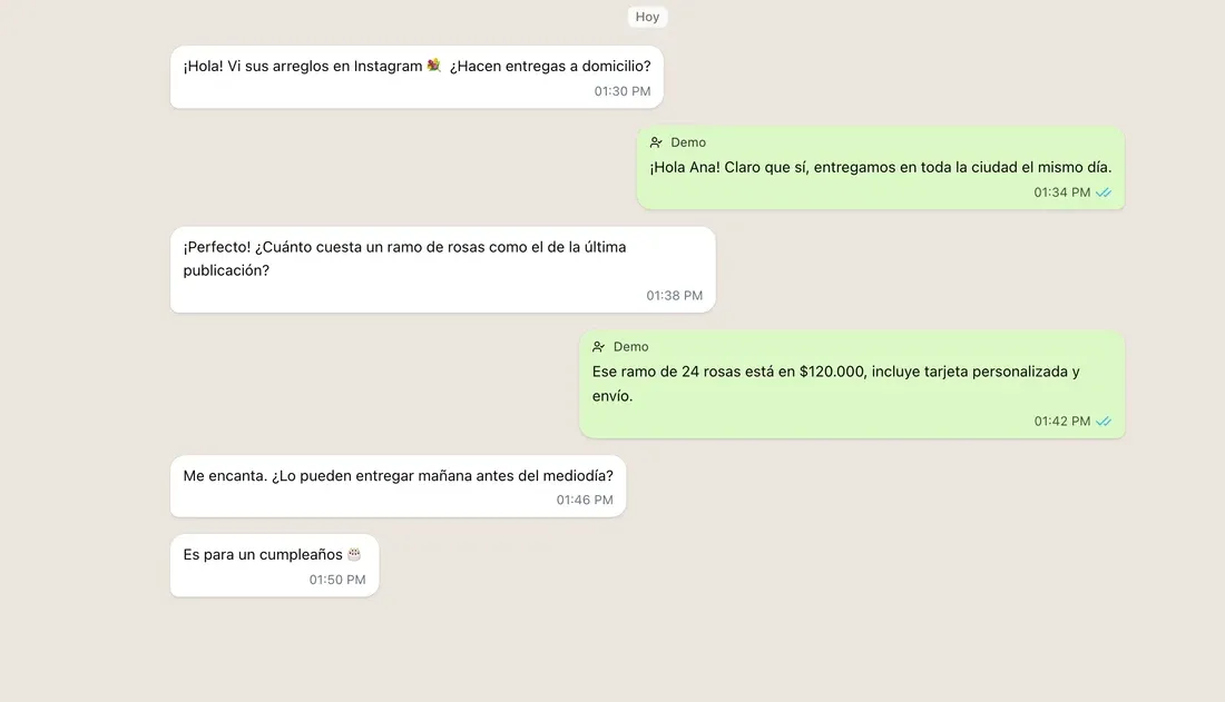 A WhatsApp conversation between a flower shop and a customer in Chately